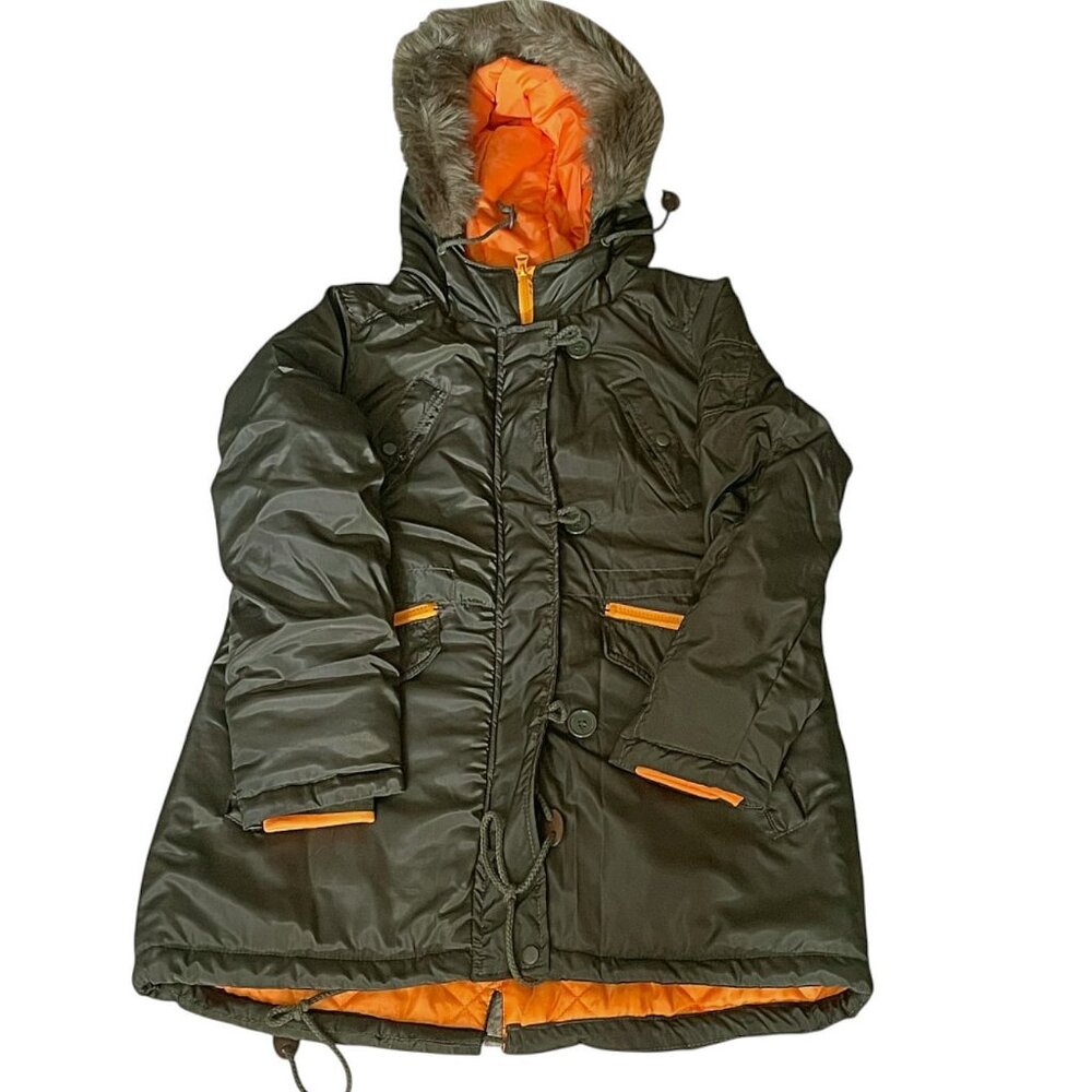 Out & About Heavyweight Faux Fur Hood Parka Olive/Orange Coat – Warm & Durable - Picture 4 of 7